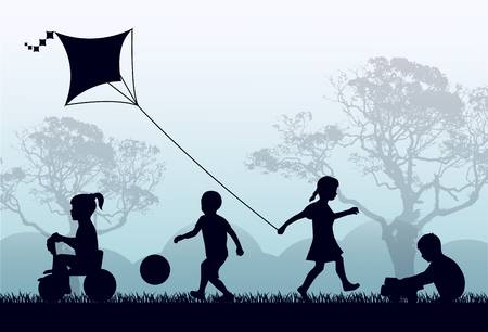 80559125-siluetas-de-niños-jugando-afuera-en-la-hierba-y-los-árboles